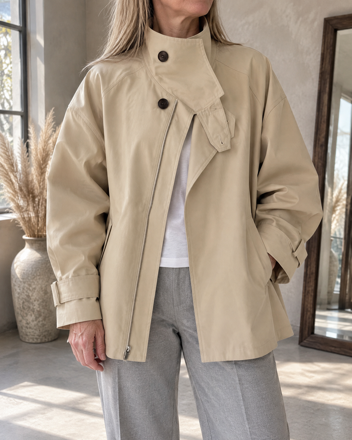 Michelle - Stand Collar Trench Jacket in light khaki, detail of the stand collar, the storm flap and the zip