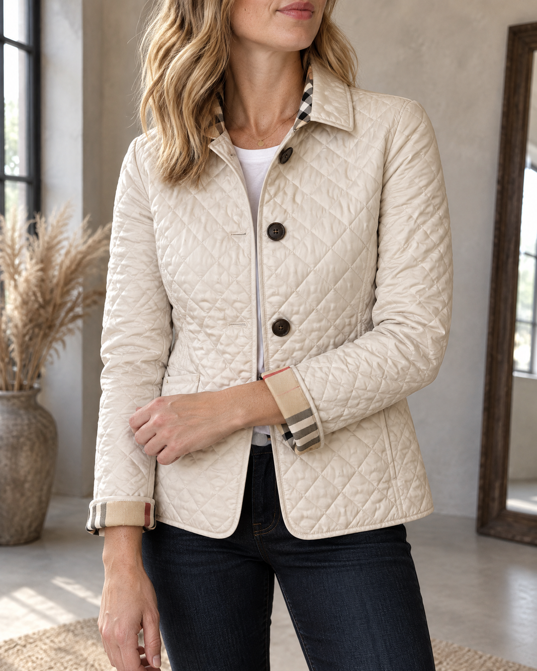 Claudine - Diamond Quilted Jacket in cream, detail of the diamond quilting and the turned-back tartan cuff