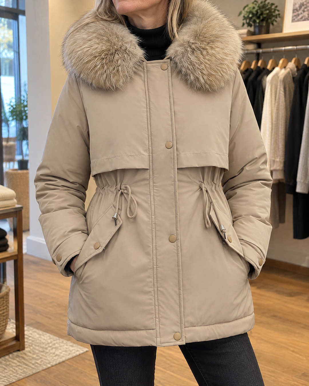 Geraldine - Plush Lined Parka in khaki, detail of the fur trim, the press-stud placket and the drawcord waist
