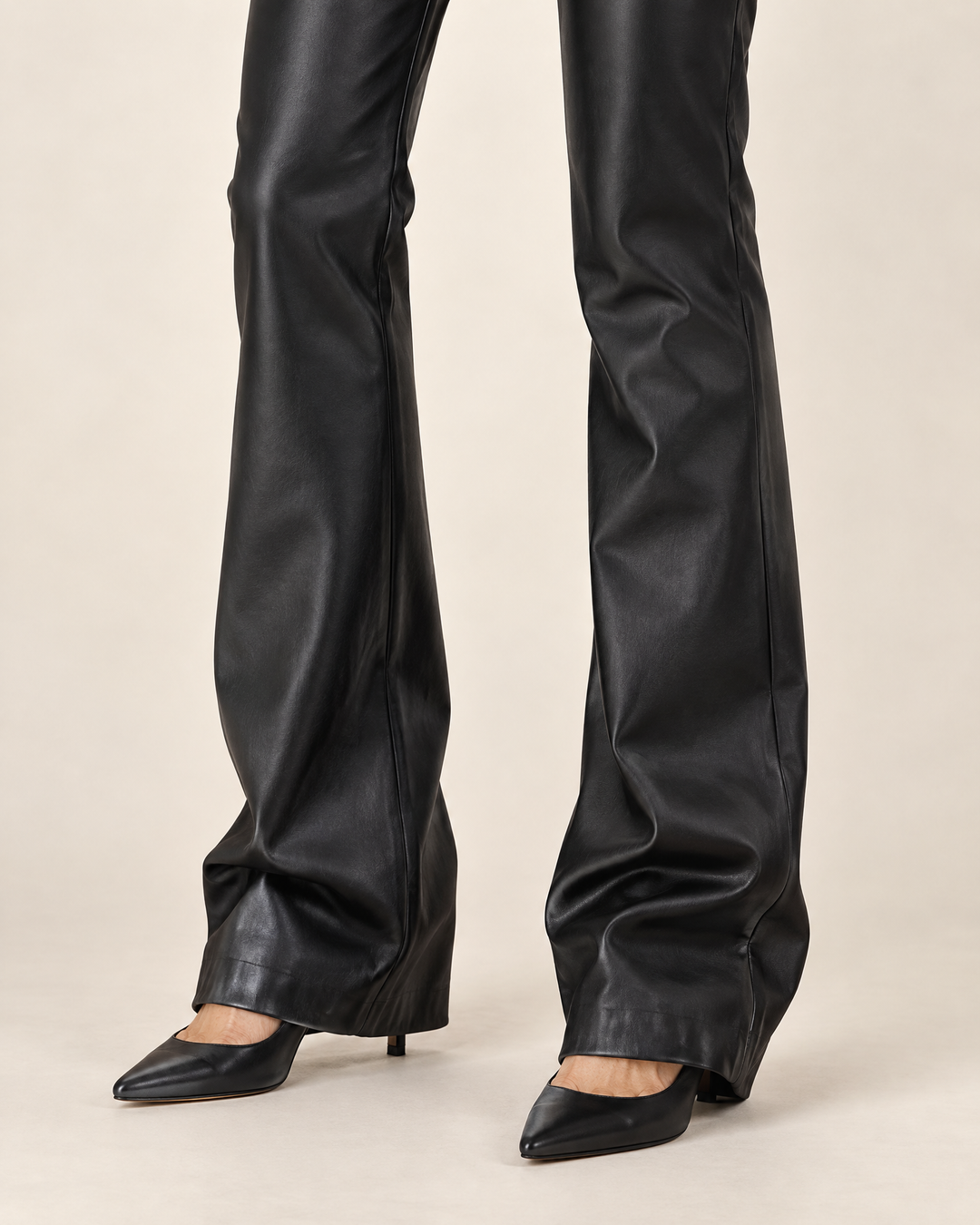 Roxane - Faux Leather Flare Pants, flare and hem detail