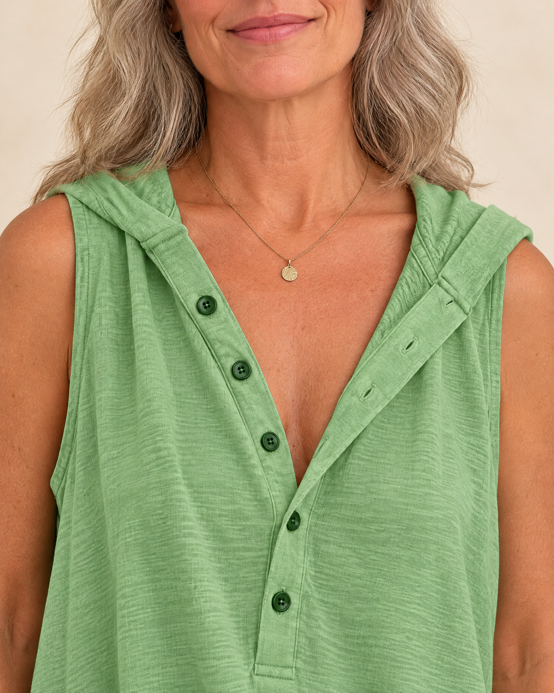 Gabrielle - Hooded Button Jumpsuit, placket and hood detail