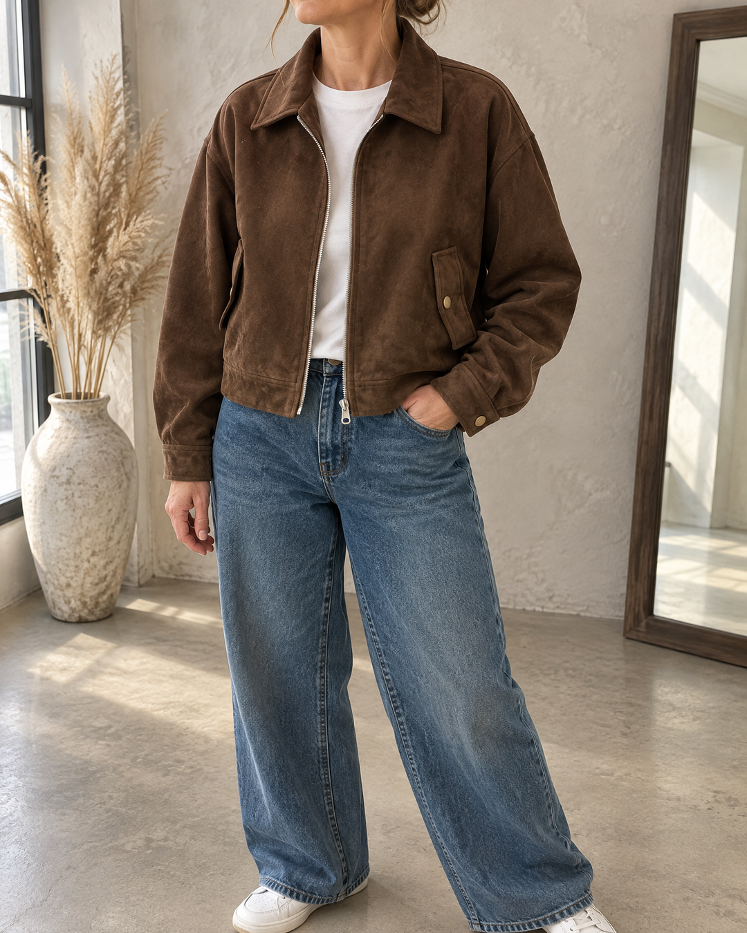 Rose - Cropped Faux Suede Jacket in chocolate brown, detail of the collar, the zip and the flap pocket
