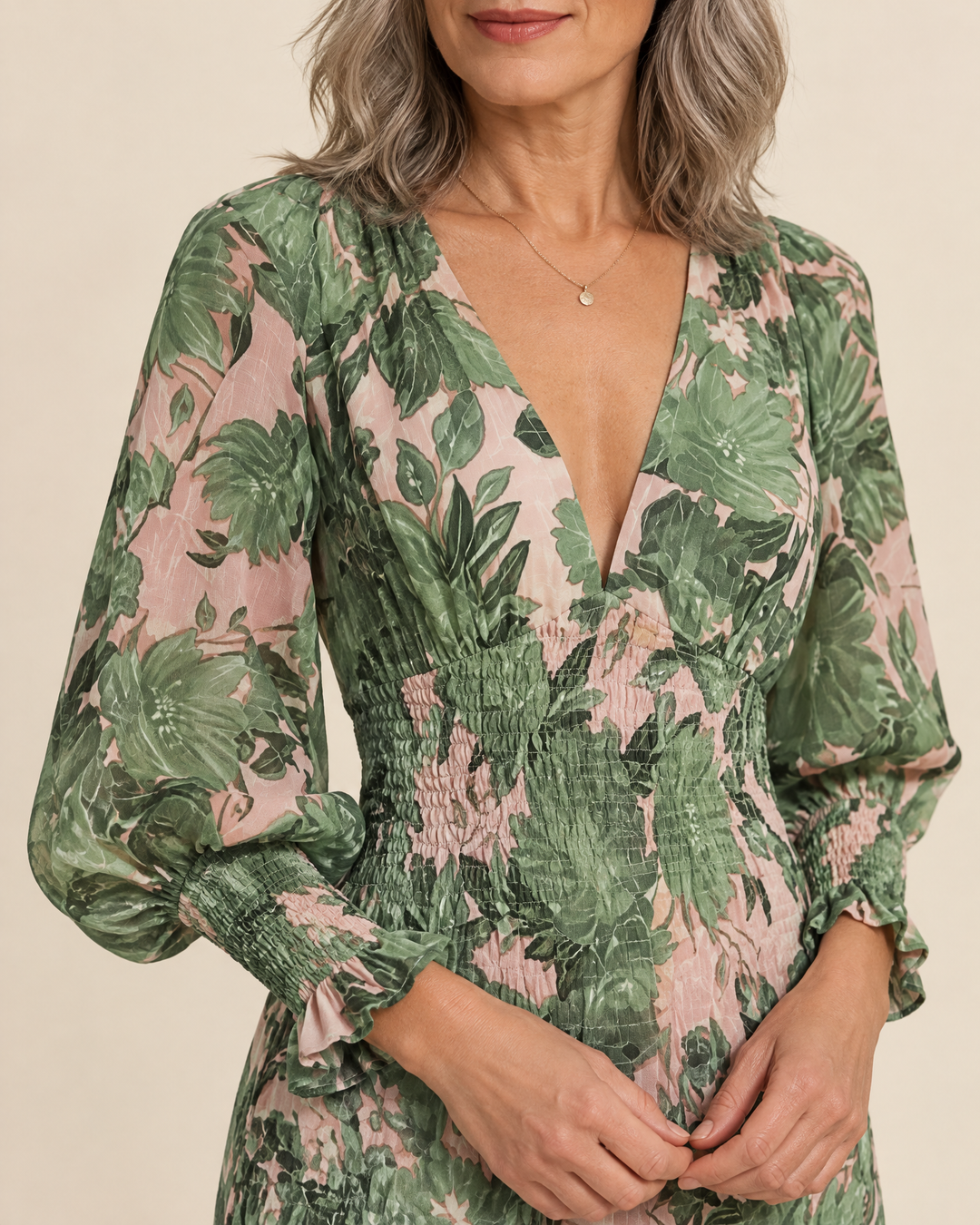 Coralie - Lantern Sleeve Print Midi Dress, lantern sleeve detail