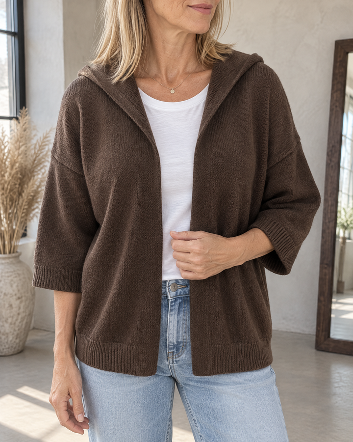 Viviane - Hooded Open-Front Cardigan in chocolate, detail of the hood edge, the ribbed cuff and the knit
