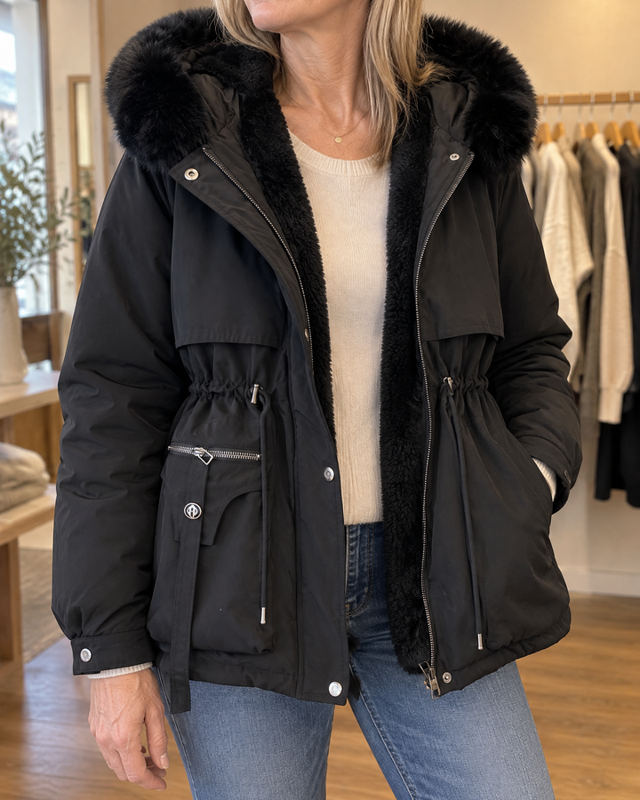 Brigitte - Faux Fur Hooded Parka in black, detail of the faux fur trim, the zip and the fleece lining