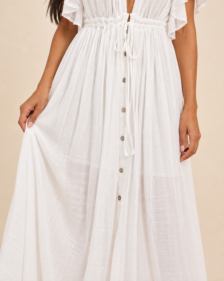 Solange - Button Front Maxi Dress, drawstring and button detail