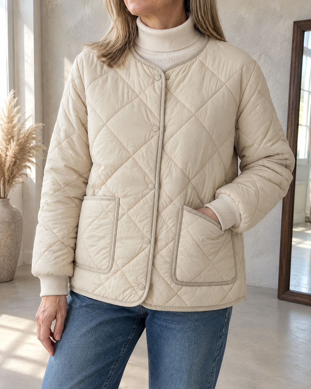 Clementine - Collarless Quilted Jacket in cream, detail of the collarless neckline, the press studs and the quilting