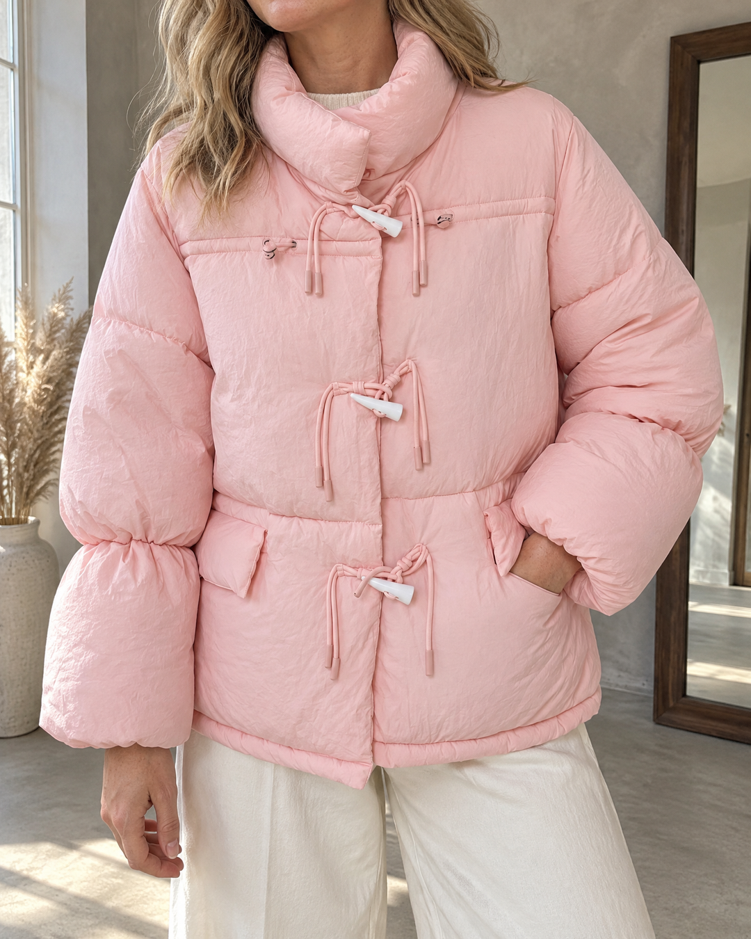 Ombeline - Toggle Button Puffer Jacket in pink, detail of the horn toggles, the stand collar and the puffed cuff