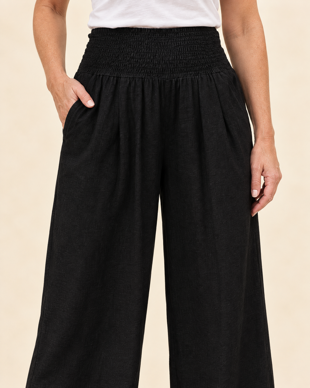 Eugenie - Smocked Waist Wide Leg Pants, waistband detail