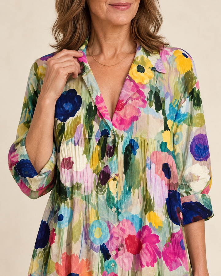 Mireille - Bohemian Maxi Shirt Dress, collar and button detail