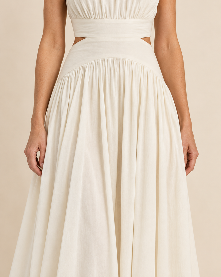 Diane - Mock Neck Cut Out Maxi Dress, pleat detail