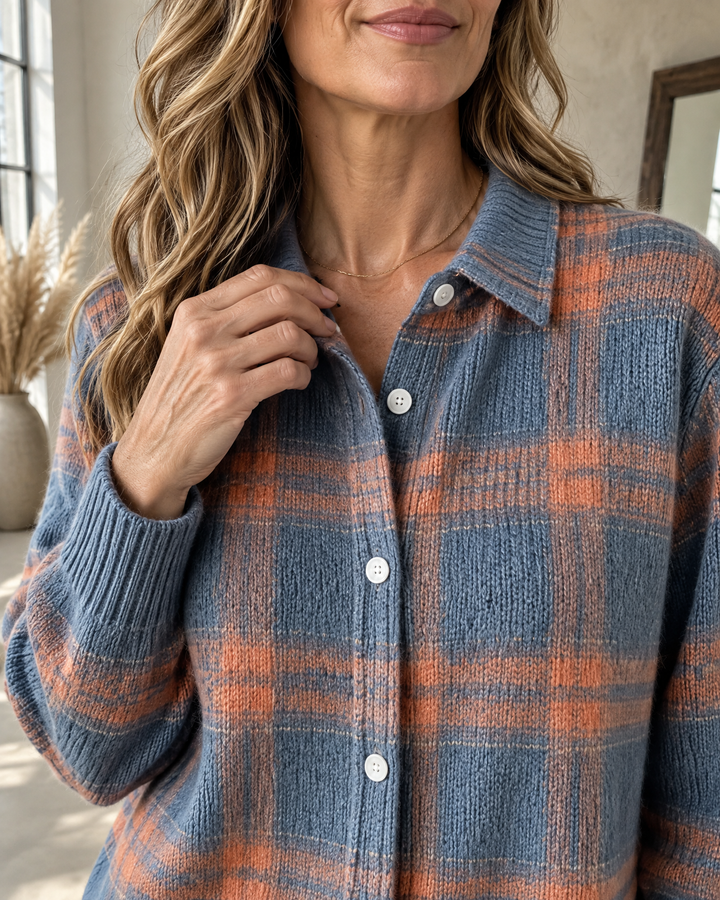 Maude - Plaid Knit Shirt, collar and button detail