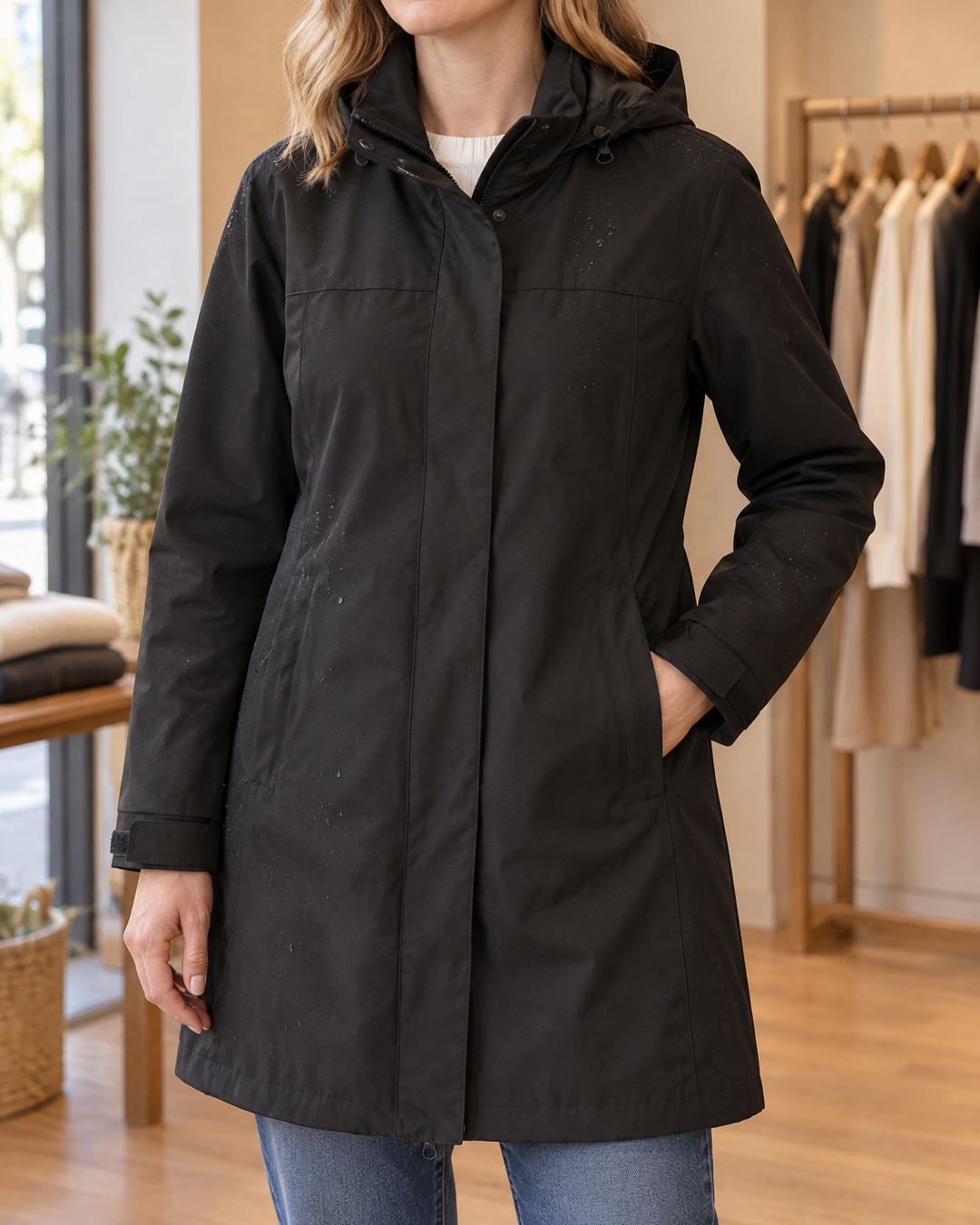 Jacqueline - Water-Repellent Hooded Coat in black, detail of the collar, the placket and the cuff tab