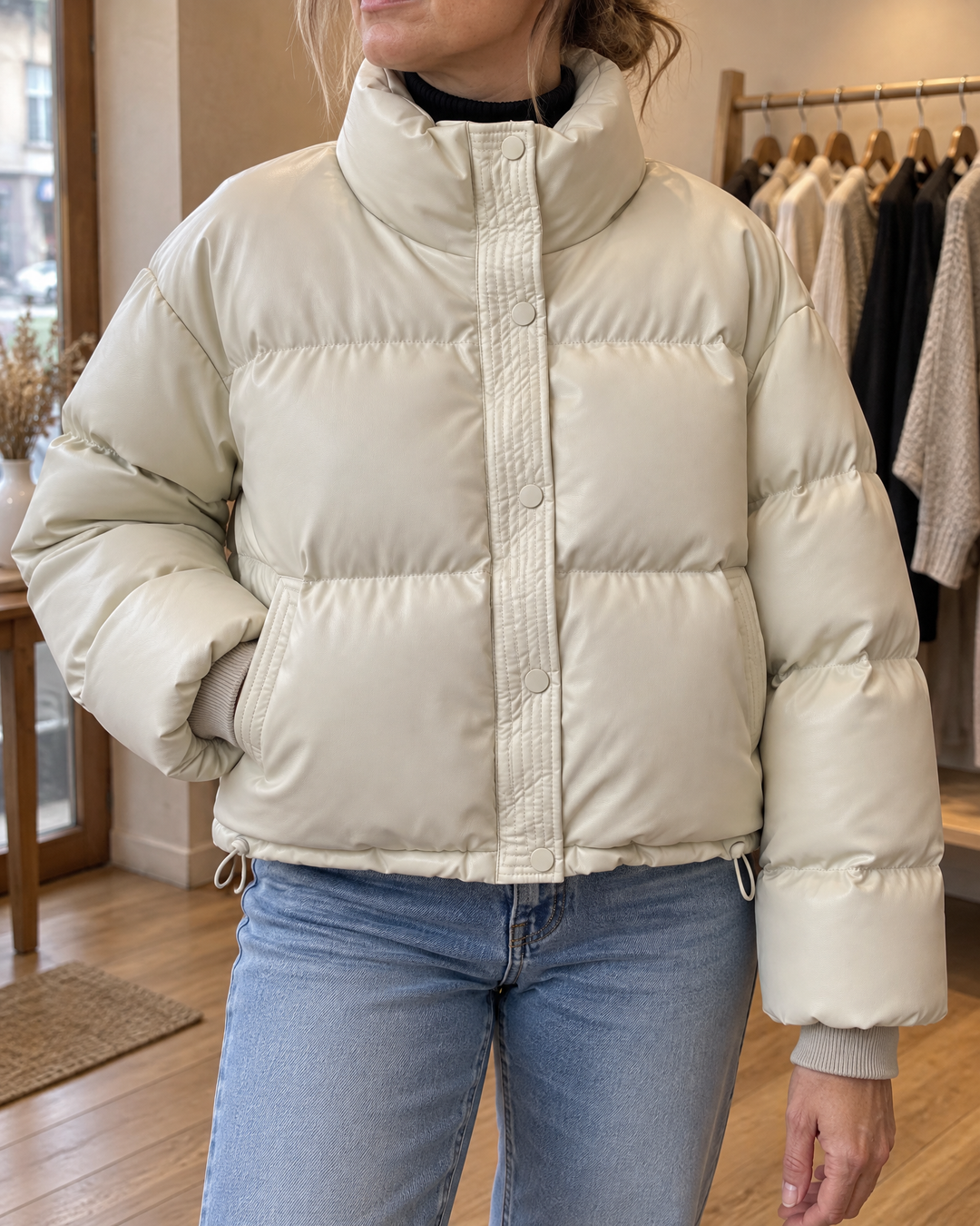 Anais - Cropped Faux Leather Puffer in cream, detail of the stand collar, the press studs and the faux leather