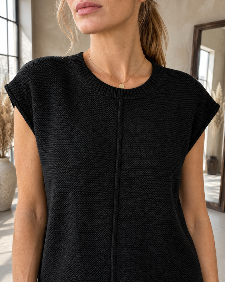 Henriette - Cap Sleeve Knit Top, neckline and seam detail