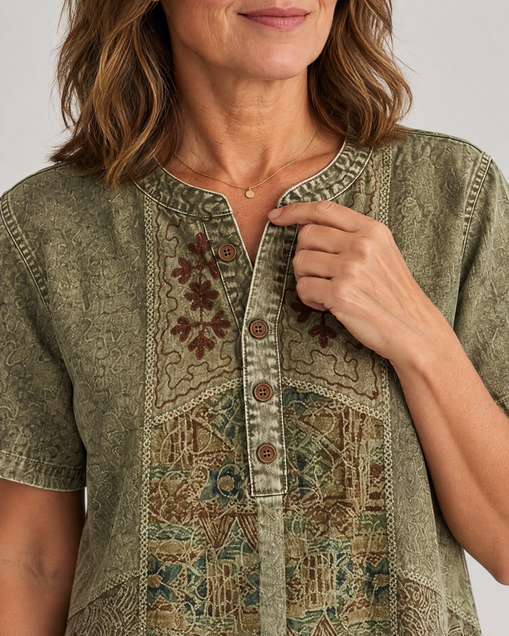 Ottilie - Art Print Henley Top, placket and print detail