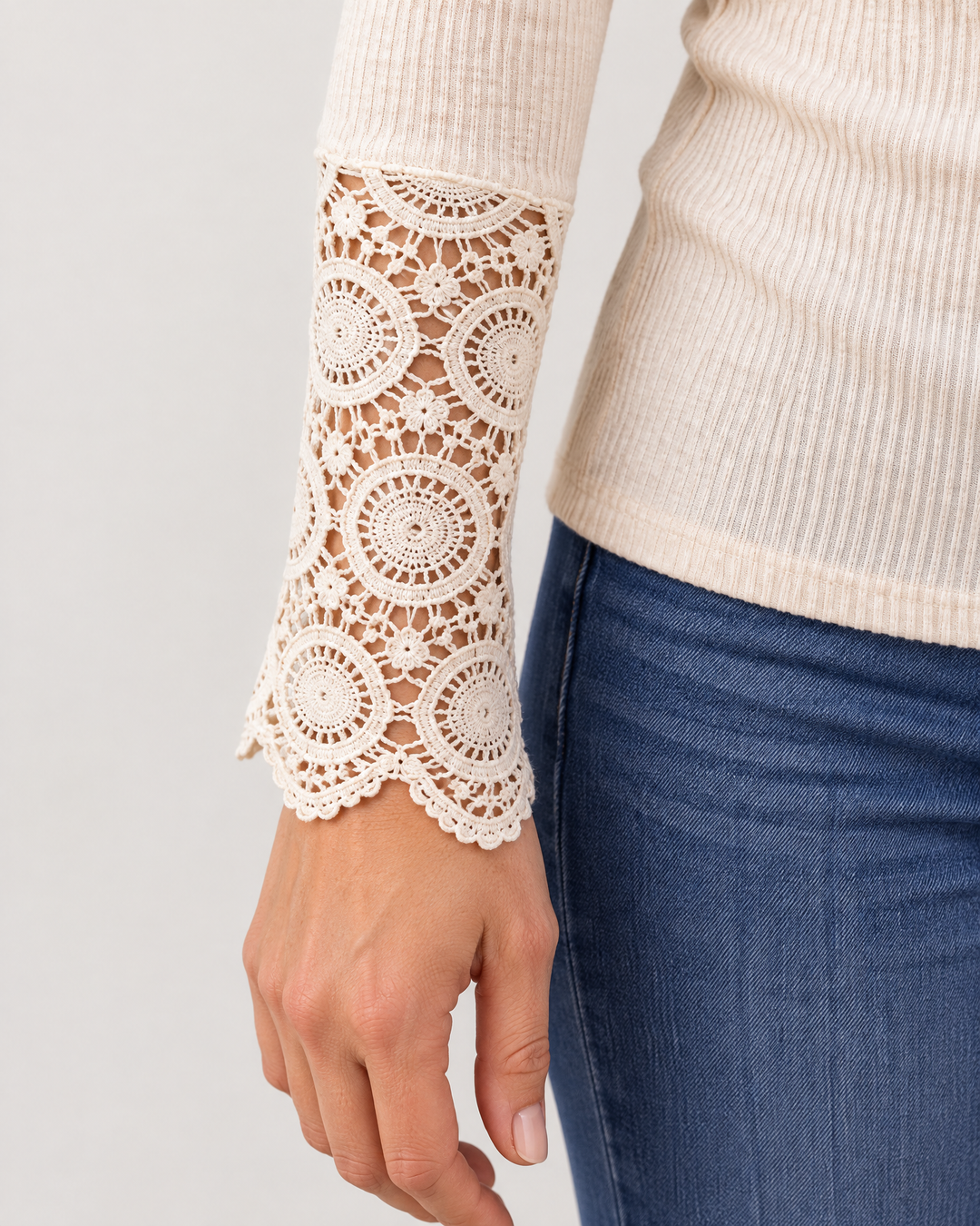 Fabienne - Lace Cuff Henley Top, lace cuff detail