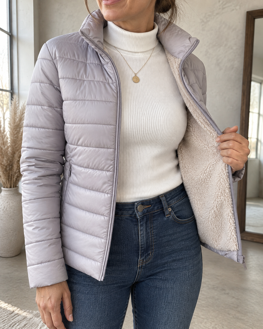 Alice - Fleece Lined Quilted Jacket in light grey, detail of the teddy fleece lining and the stand collar