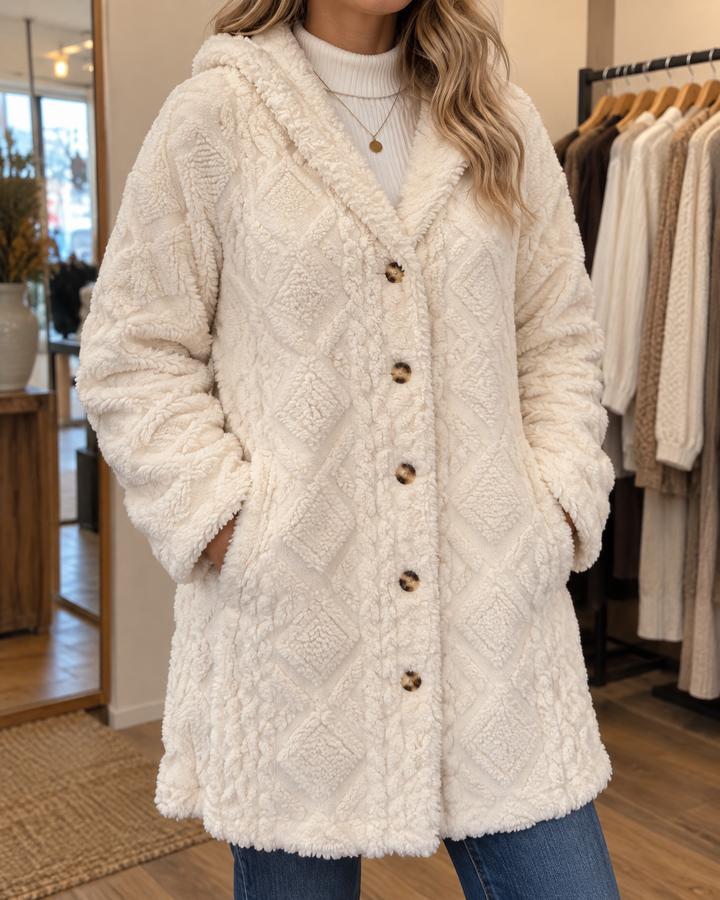 Corinne - Hooded Sherpa Jacket in white, detail of the embossed fleece and the buttons