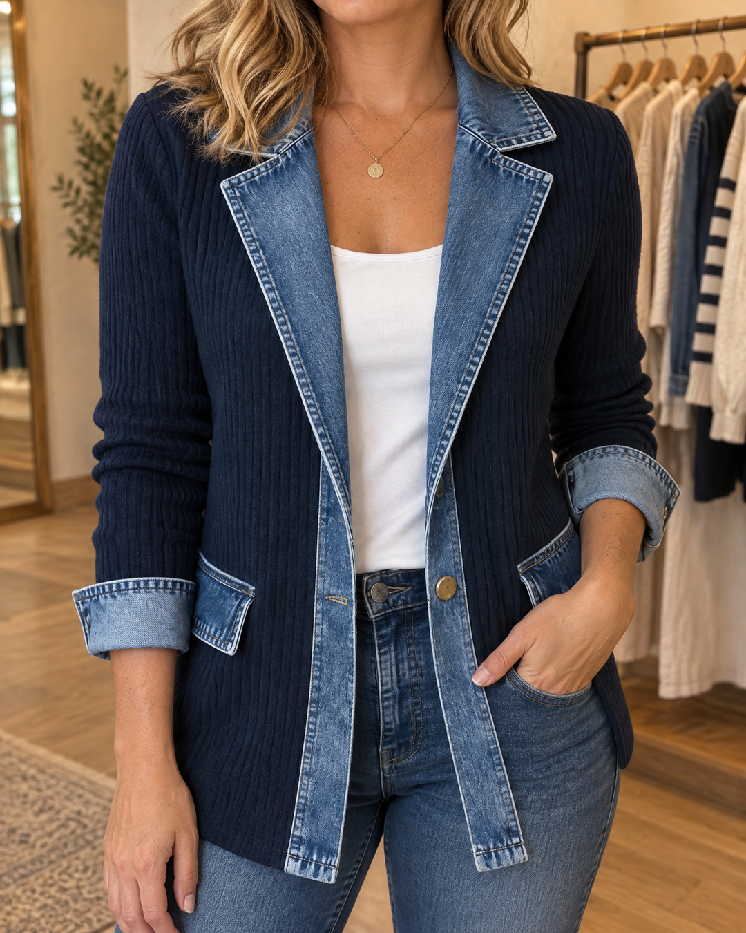 Clarisse - Knit and Denim Jacket in navy, detail of the denim lapel and buttons