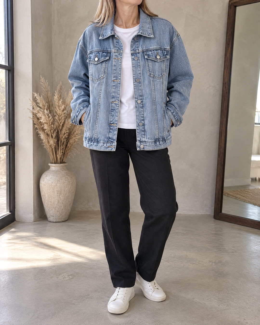 Sylviane - Oversized Denim Jacket in light blue, detail of the collar, the chest pockets and the buttons