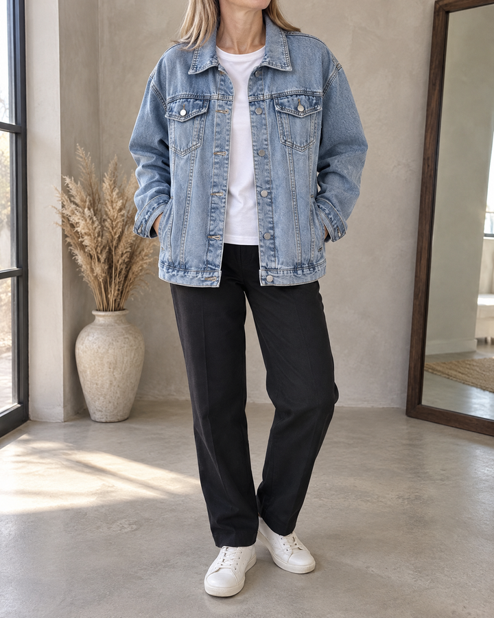 Sylviane - Oversized Denim Jacket in light blue, detail of the collar, the chest pockets and the buttons