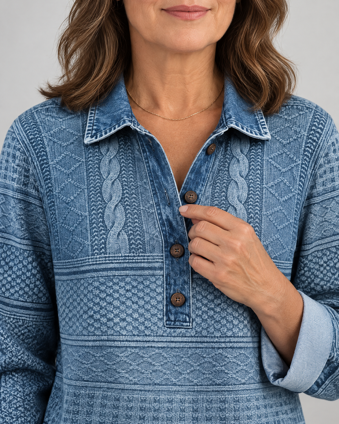 Annelise - Cable-Look Collared Top, collar and placket detail