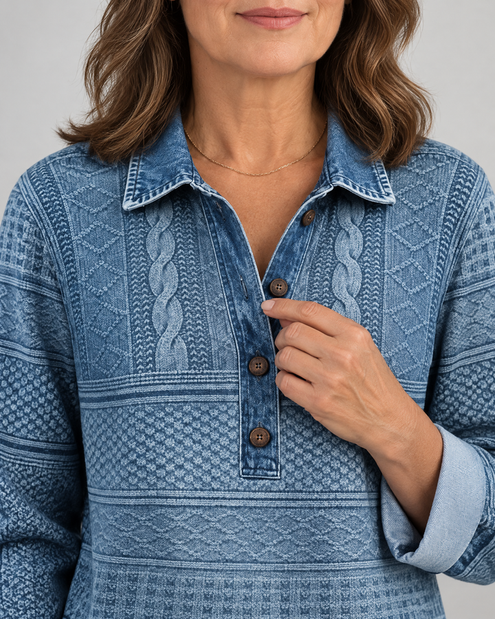 Annelise - Cable-Look Collared Top, collar and placket detail