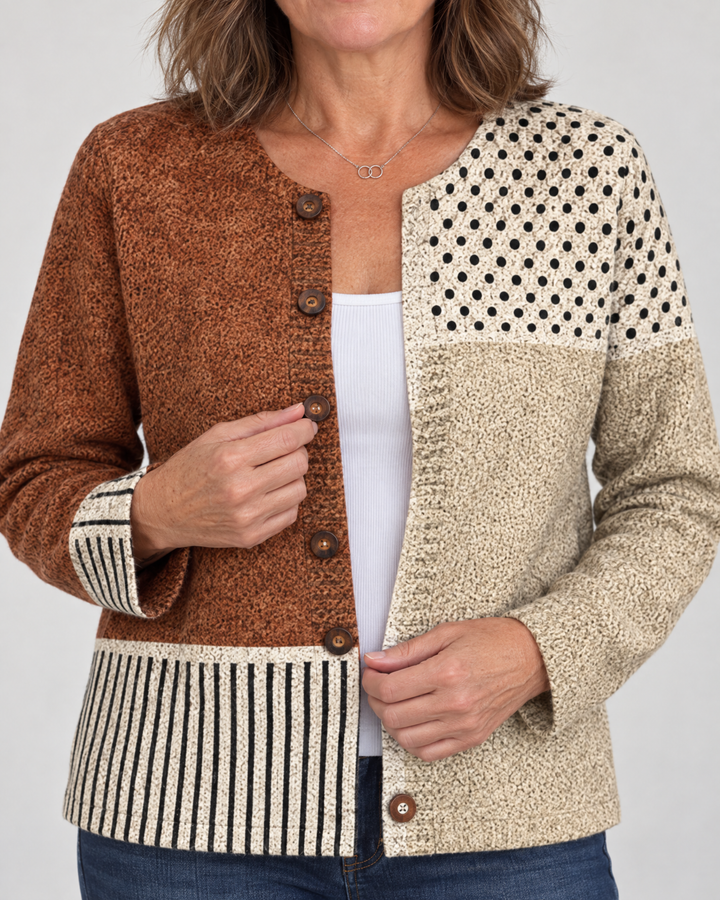 Harriet - Printed Knit-Look Cardigan, patchwork and button detail
