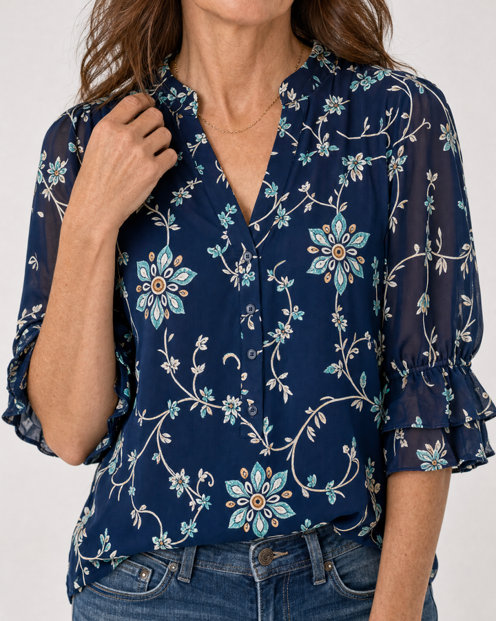 Vivienne - Vintage Print Blouse, collar and placket detail