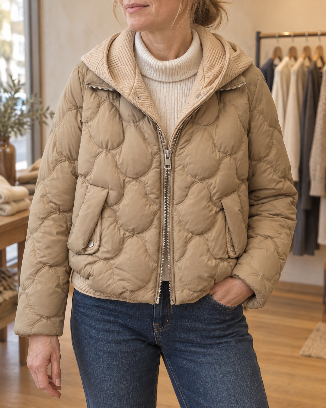 Cassandre - Knit Hood Puffer Jacket in khaki, detail of the knitted hood, the zip and the cloud quilting