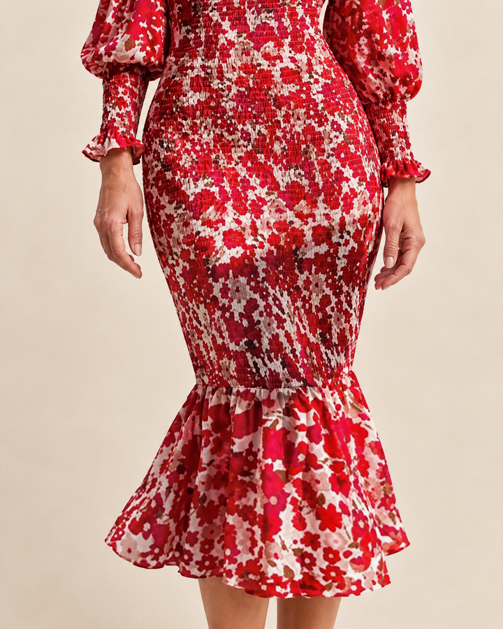 Mathilde - Smocked Floral Midi Dress, smocking and print detail