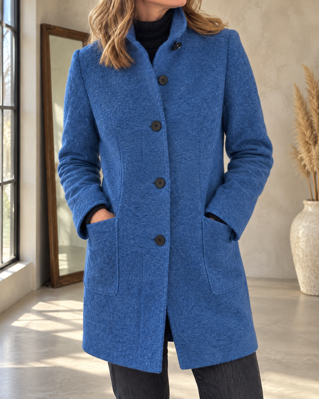 Augustine - Stand Collar Wool-Look Coat in denim blue, detail of the stand collar, the buttons and the patch pocket