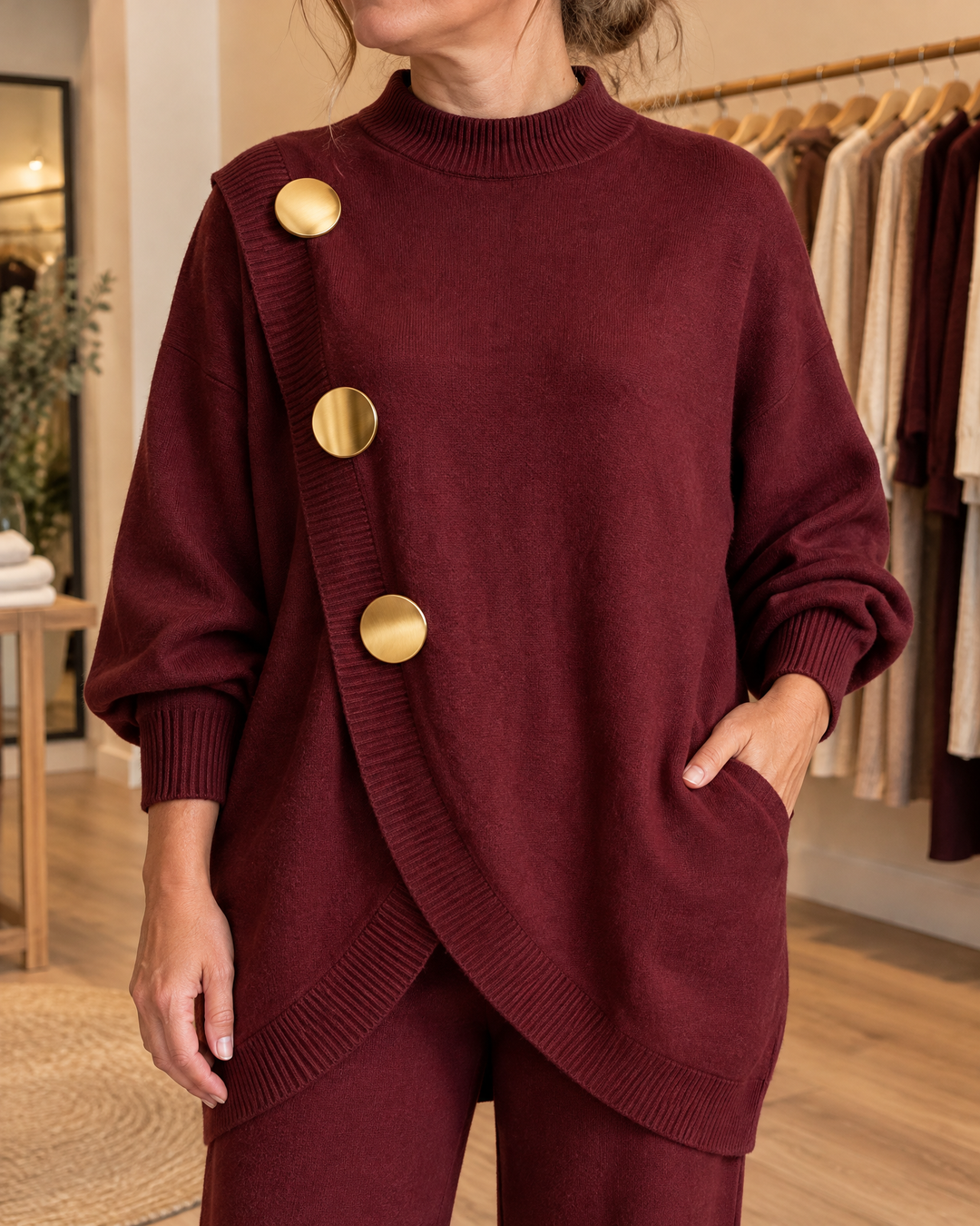 Victorine - Gold Button Knit Set in burgundy, detail of the gold buttons, the ribbed diagonal edge and the knit