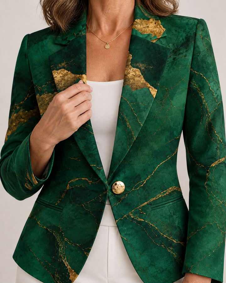 Josephine - Marble Print Blazer, lapel and button detail
