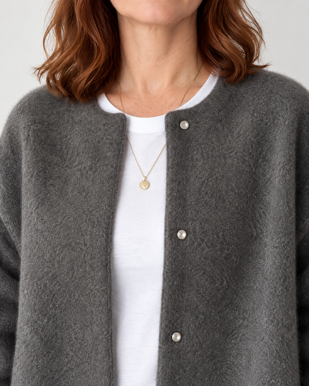 Hortense - Wool-Look Button Jacket, neckline and button detail
