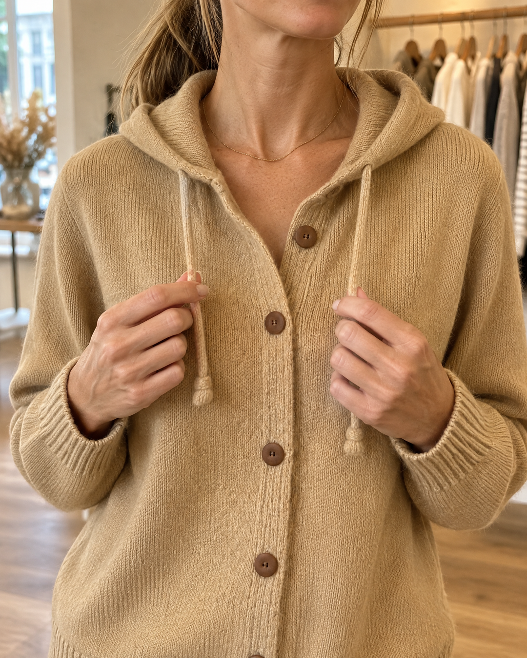 Greta - Hooded Knit Cardigan, hood and drawstring detail