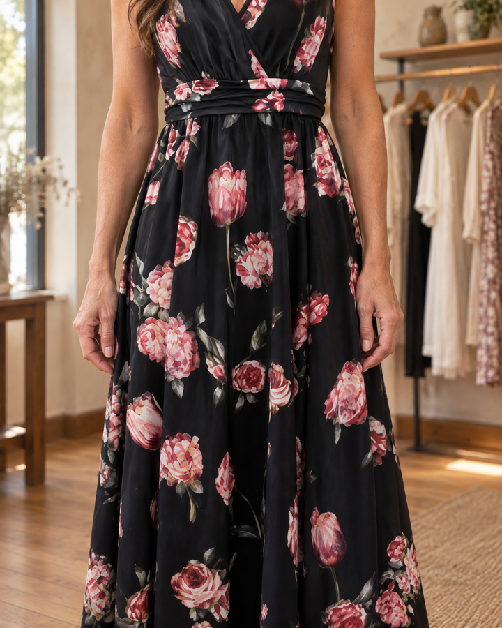 Amelie - V-Neck Floral Maxi Dress, waist and print detail