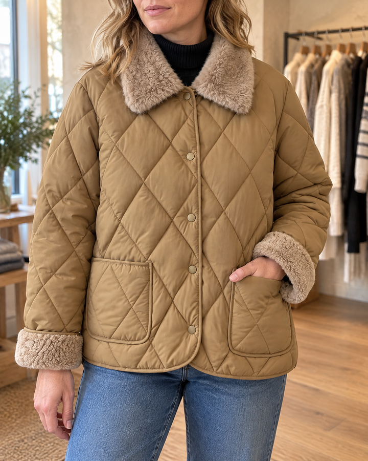 Claire - Faux Fur Collar Quilted Jacket in camel, detail of the plush collar, the press studs and the fleece lining