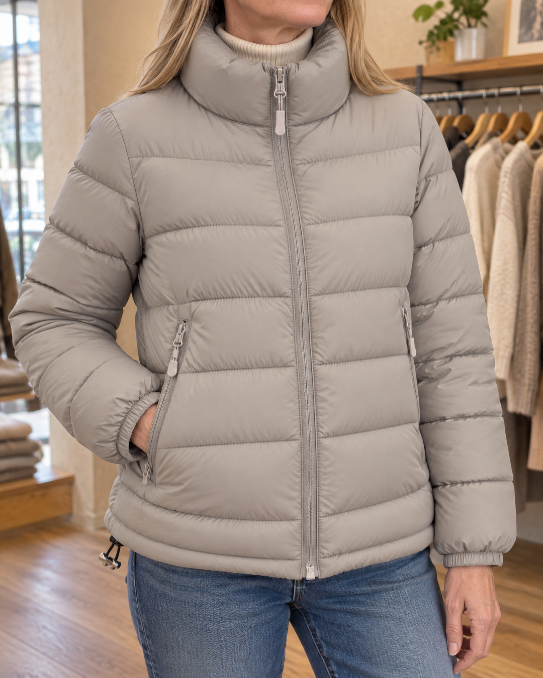 Adeline - Stand Collar Puffer Jacket in light grey, detail of the stand collar, the zip and the pocket