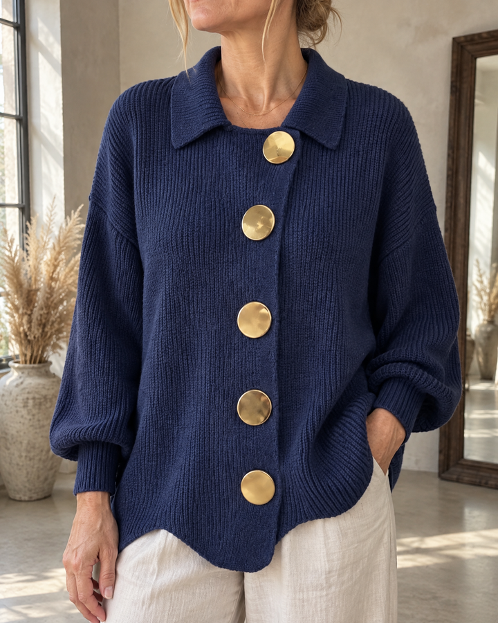 Albane - Collared Button Cardigan in navy, detail of the collar, the gold-tone buttons and the ribbed knit