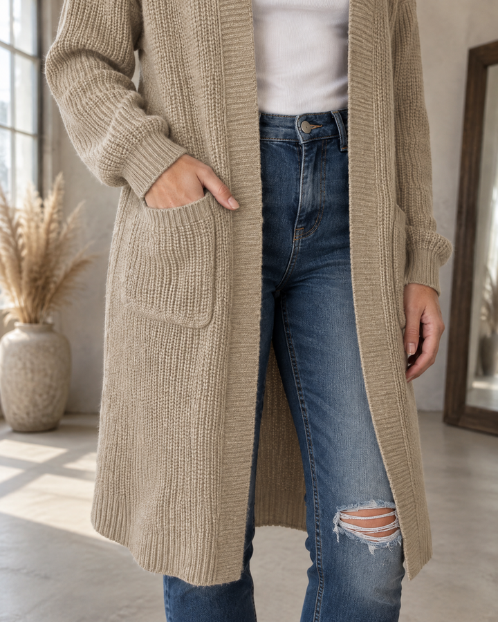 Genevieve - Open Front Knit Cardigan, pocket and rib detail