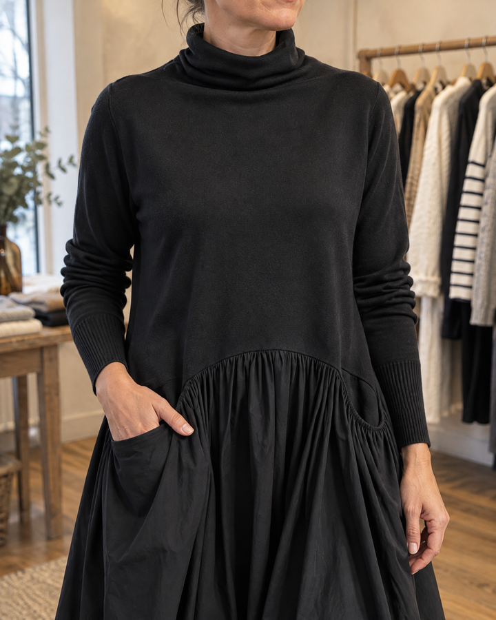 Odette - Turtleneck Maxi Dress in black, detail of the turtleneck, the ribbed cuff and the gathered seam with the pocket