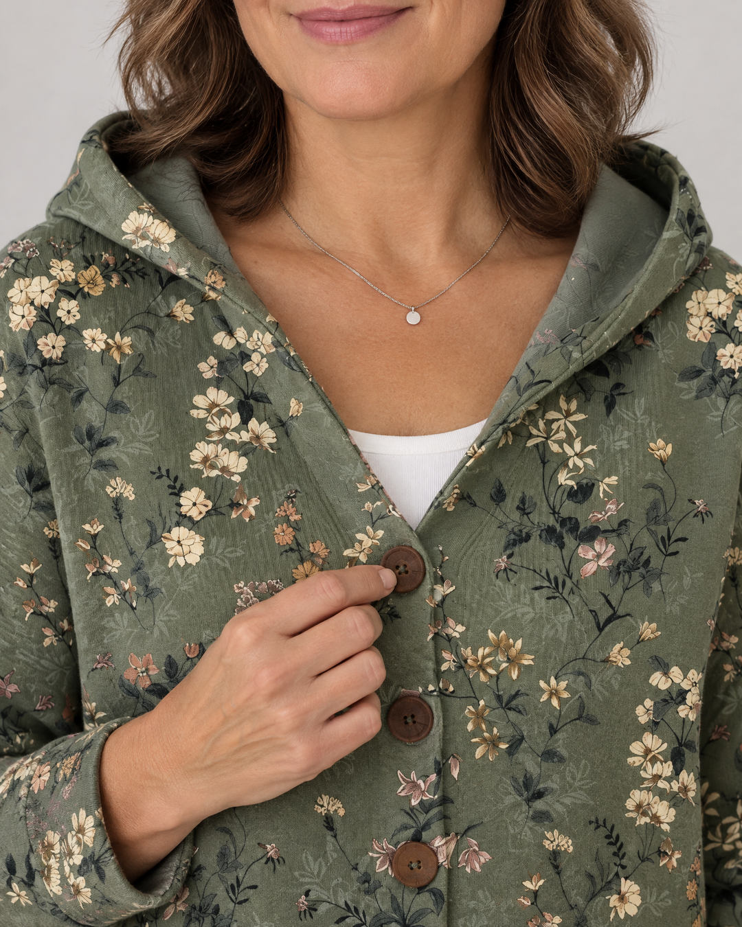 Isadora - Printed Hooded Cardigan, neckline and print detail