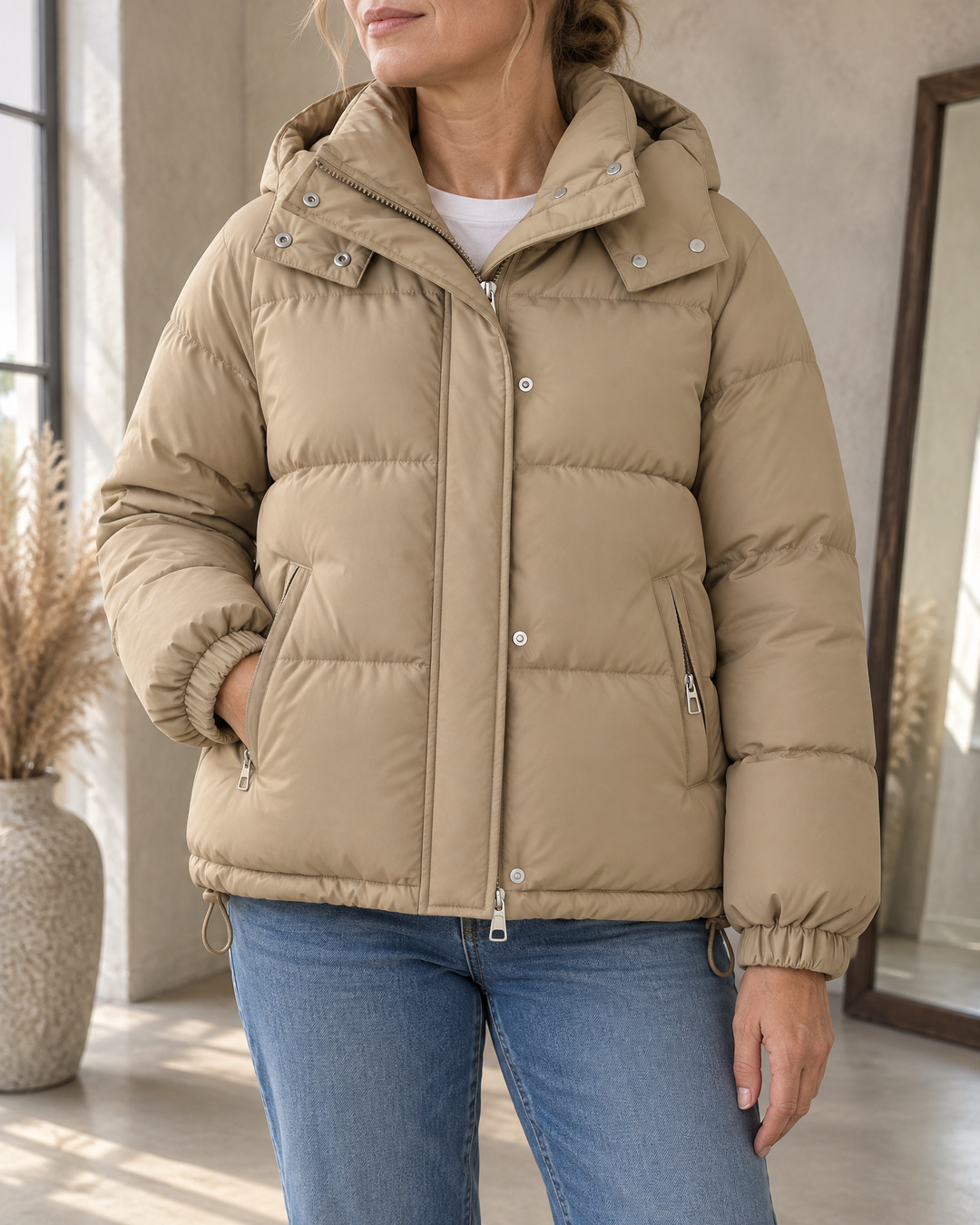 Audrey - Hooded Puffer Jacket in khaki, detail of the press-stud placket and the zip pocket