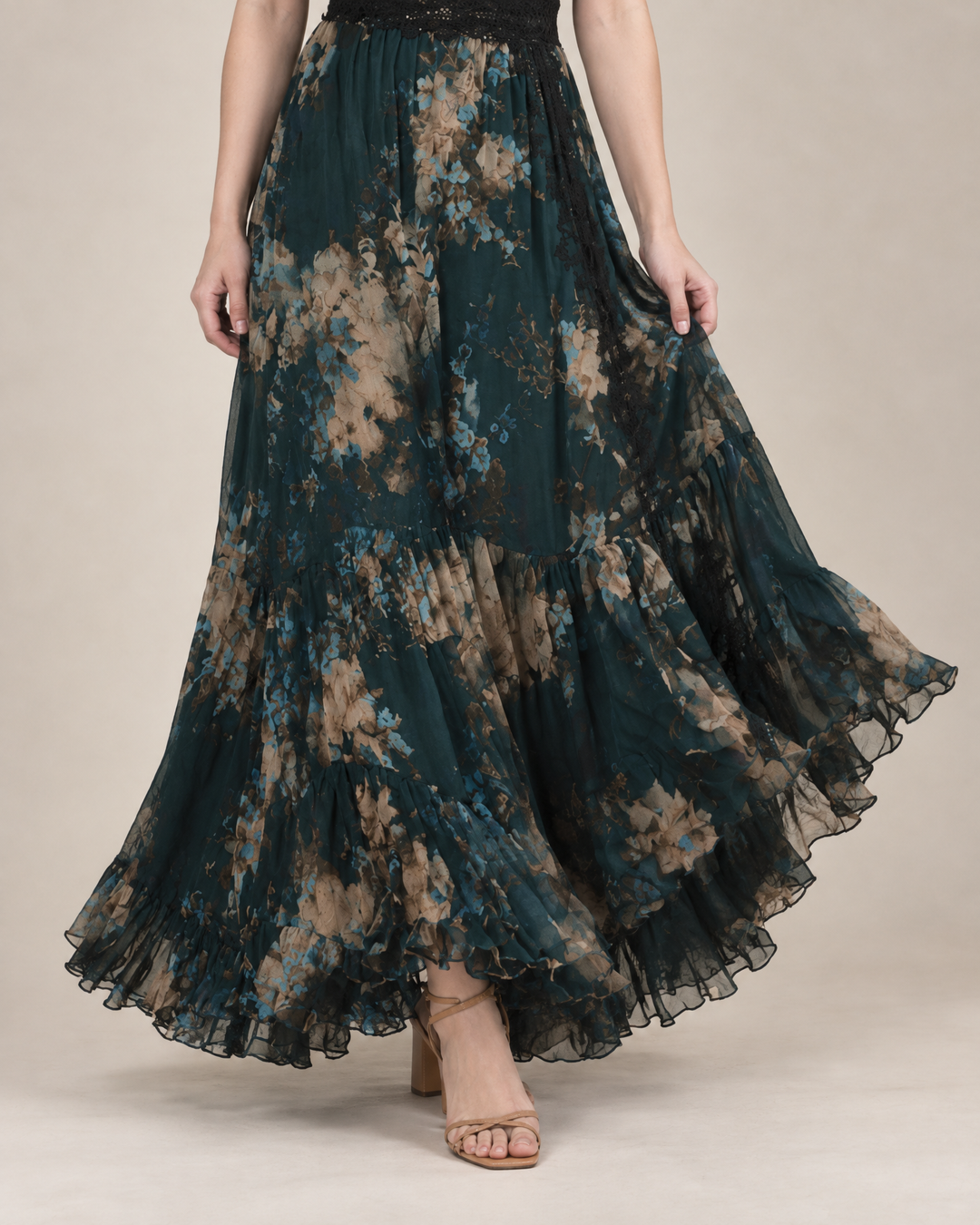 Cosette - Lace Trim Floral Maxi Dress, tiered skirt and lace hem detail