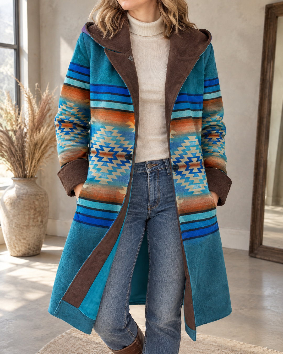 Nicole - Hooded Geometric Print Coat in teal, detail of the hood, the faux suede facing and the print