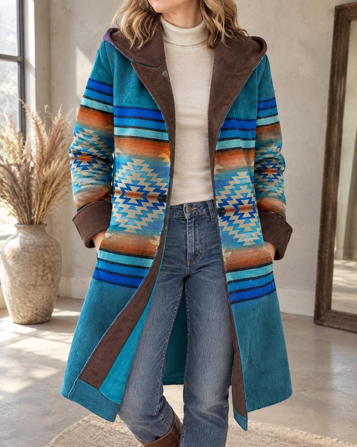 Nicole - Hooded Geometric Print Coat in teal, detail of the hood, the faux suede facing and the print
