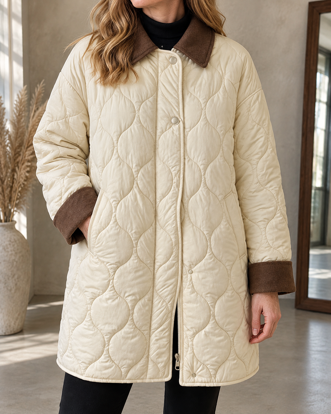 Leopoldine - Quilted Longline Jacket in cream, detail of the collar, the press stud and the quilting
