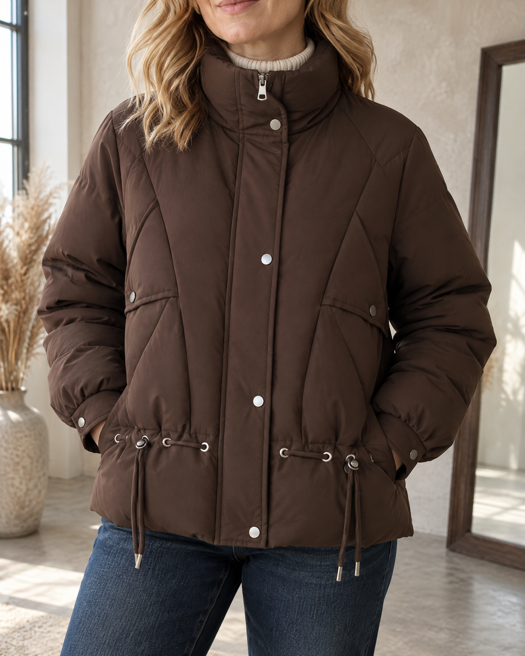 Angele - Chevron Quilted Puffer Jacket in brown, detail of the press-stud placket, the eyelets and the drawcord